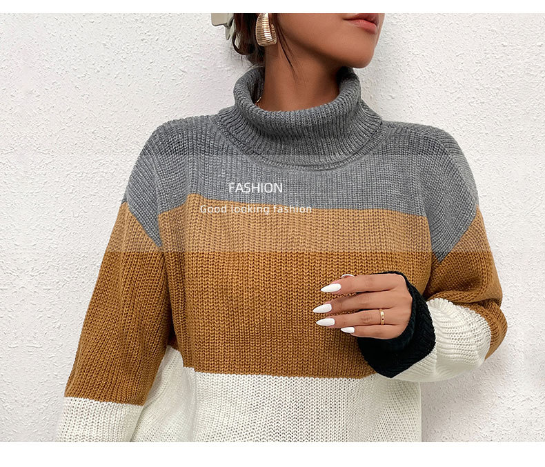 autumn long-sleeved Turtleneck Loose Stripe Color matching Knitted Sweater nihaostyles wholesale clothing NSDMB93847