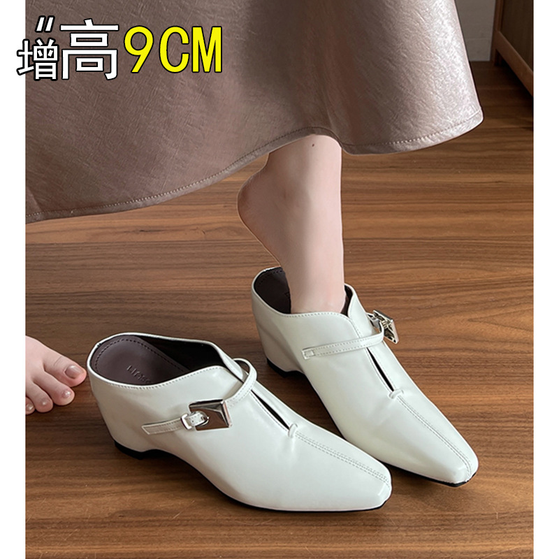 9cm Height-Increasing British-Style Square-Toe Mary Jane Platform Mules for Women, Summer Outdoor Wear, Metallic Mules