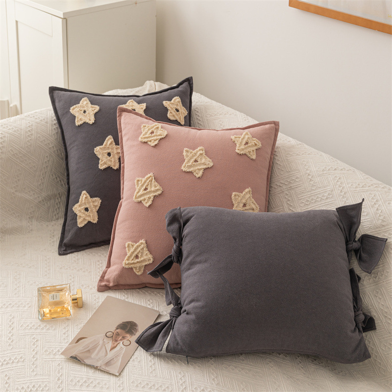 Housse de coussin de canapé en coton et lin de couleur unie avec nœud brodé en forme d'étoile pour décoration de maison_voghion.com