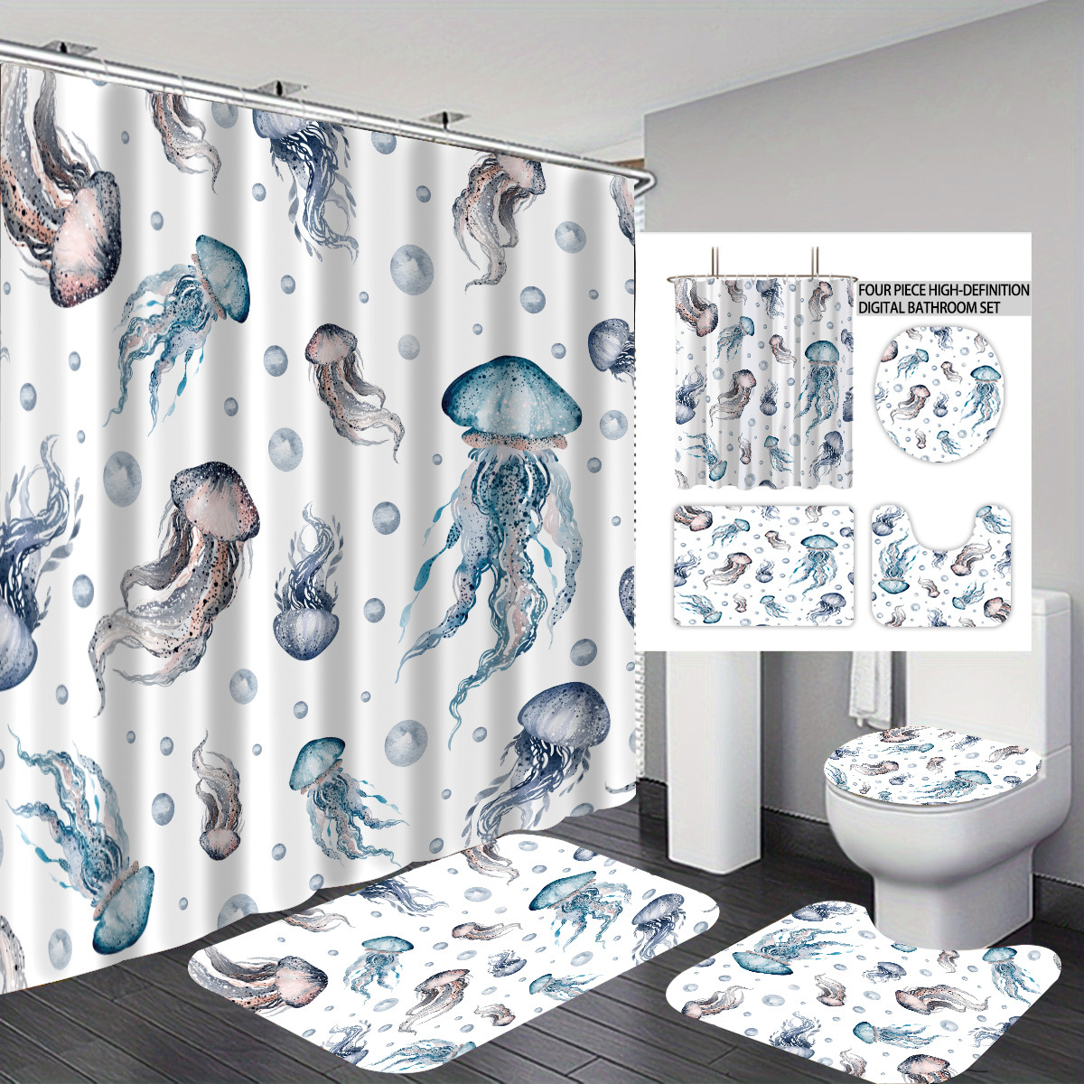 Temu cortina de baño impermeable personalizada serie de elementos marinos 3D impresión poliéster cortina de baño de cuatro piezas fábrica image 22