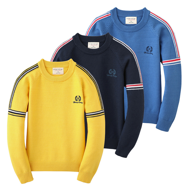 Ropa para niños primavera y otoño europeo y americano contraste color suéter de los niños suéter medio y grande niños que tocan Fondo suéter entrega de una sola pieza