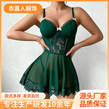 跨境外贸情趣内衣性感蕾丝吊带腿圈睡裙夏季新款性感网纱中长裙睡