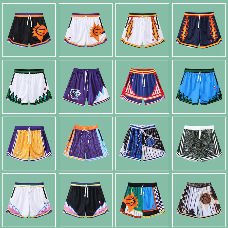 American Basketball Shorts Quarter Pants Men's Retro Casual Sports Training Link Flap Pocket Pants Large Mesh Double-Layer Ball Pants