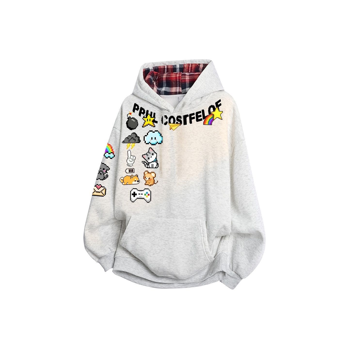 Printed graffiti-style retro patchwork plaid drop-shoulder hooded sweatshirt, unisex