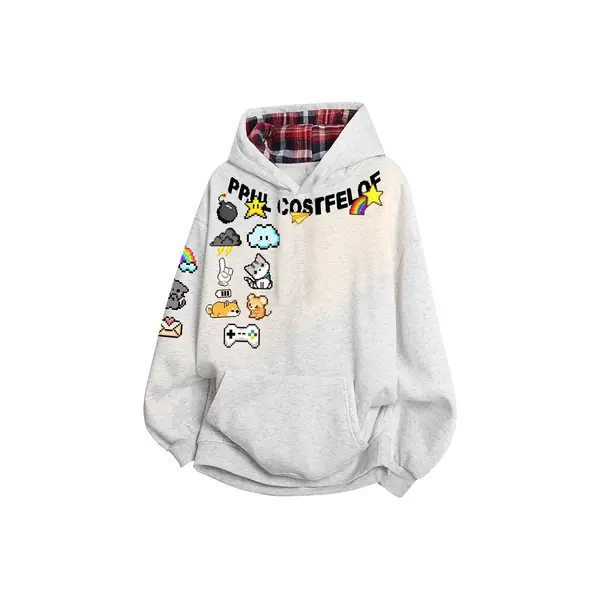 Printed graffiti-style retro patchwork plaid drop-shoulder hooded sweatshirt, unisex