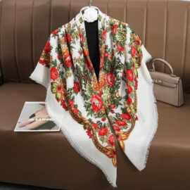 140CM女新疆民族风包头大方巾秋冬斜纹俄罗斯印花流苏包头巾披肩