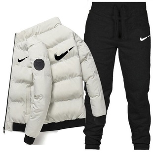 2024 New Cross-Border Men's Winter Thickeneded Warm Cotton Casual Suit Stand-Up Collar Cotton Coat + Pants Suit