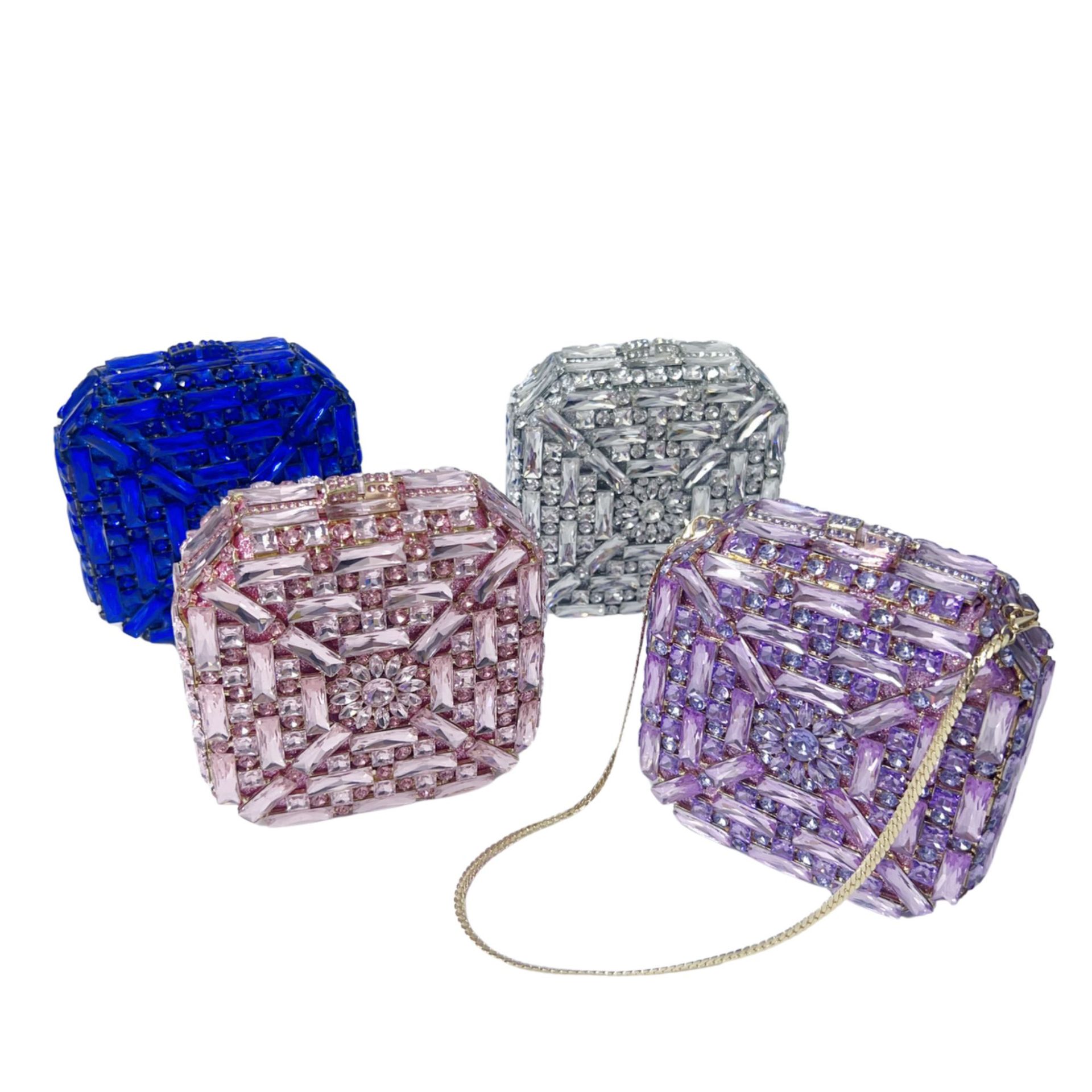 Túi clutch dạ tiệc hộp vuông nhỏ đính đá lấp lánh — Hoa violet, Màu hồng, Màu bạc, Màu xanh ngọc