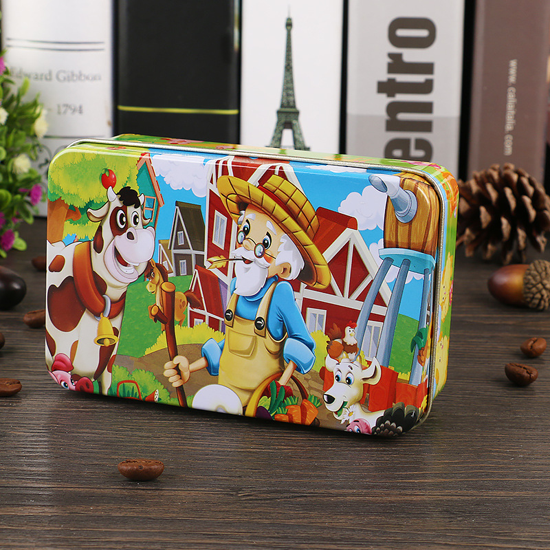 Nuevo estilo 60 piezas 200 piezas dibujos animados para niños dibujos animados madera caja de hierro rompecabezas bebé escuela primaria juguetes educativos al por mayor