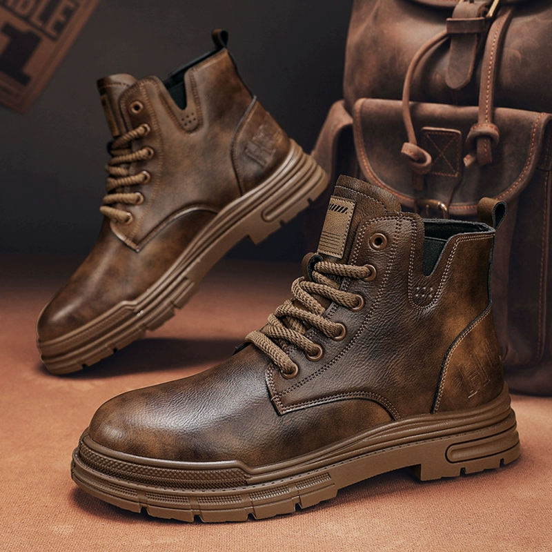 Martens, demi-season high footwear English style for leisure for leather shoes, brown low boots
