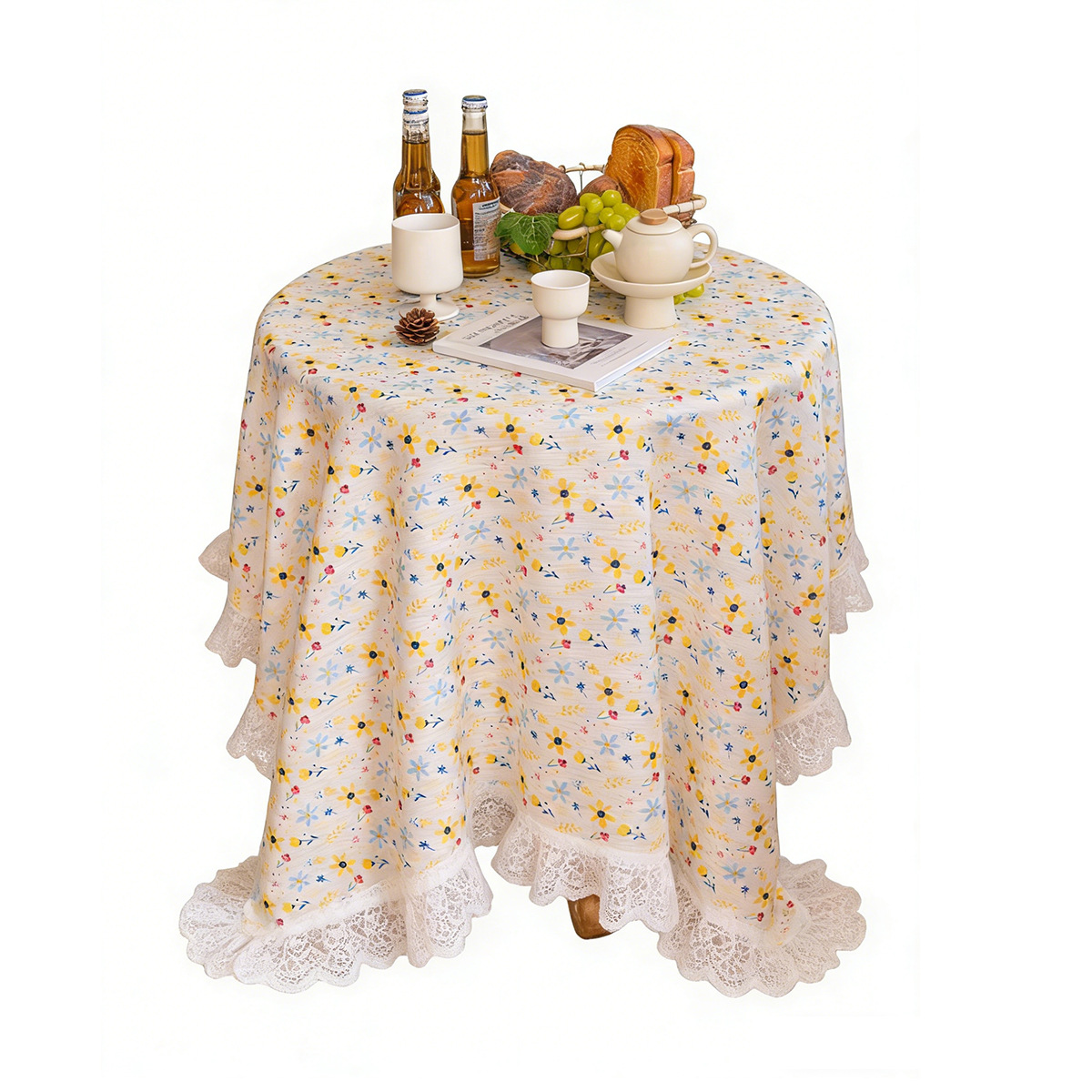 Mantel redondo elegante y romántico de estilo francés, estampado floral pastoral, mesa de centro de lujo fresca y ligera con encaje._voghion.com