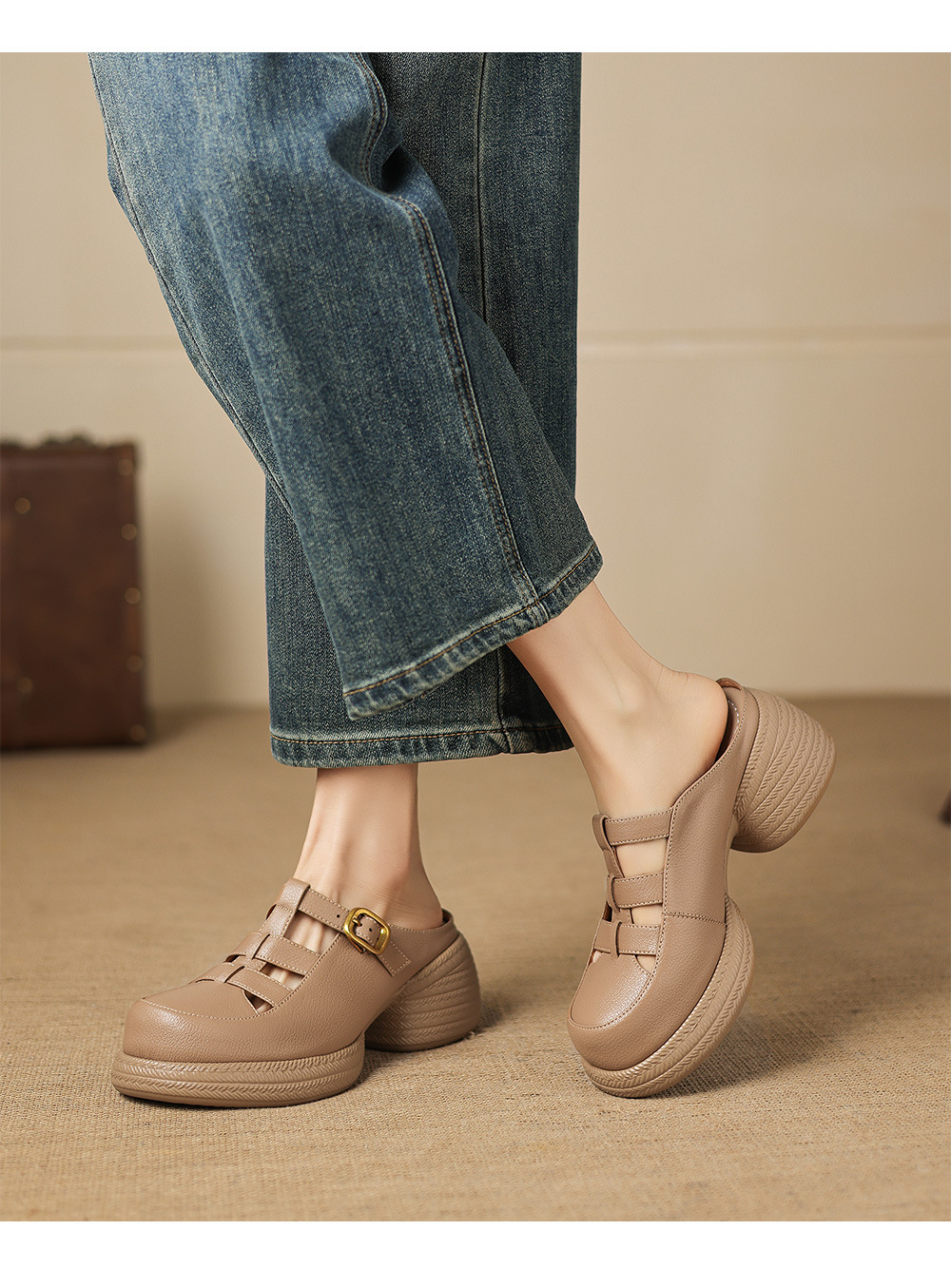 Sandal cao gót nữ mũi hở đế dày da cừu kiểu dệt lỗ — màu trắng ngà chi tiết 10