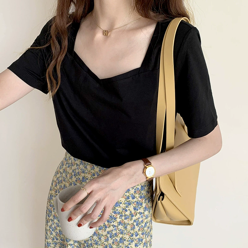 2023 Новая летняя модная повседневная универсальная однотонная хлопковая рубашка с V-образным вырезом и воротником, свободная рубашка с тонким низом для женщин