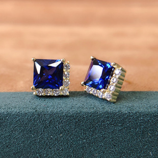 A generation of 925 silver inlaid Princess square blue diamond earrings earrings gold earrings half ring broken diamond four claw inlay