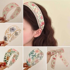 新しい中国式の刺繍の花のカチューシャの女性の高級感の民族の風の砕花の綿の麻の布の芸の広い縁の高い頭のトップのカチューシャ