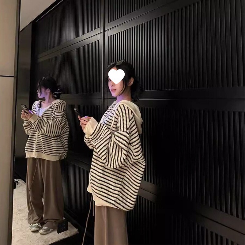 思蓓儿复古慵懒风条纹连帽毛衣外套女秋冬款软糯宽松拉链针织开衫|undefined