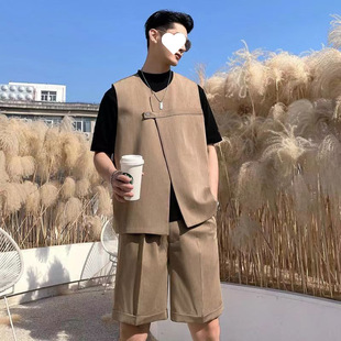 Trendy Versatile Cardigan Suit Vest for Men Summer High-End Stylish Streetwear Gentleman Suit Set