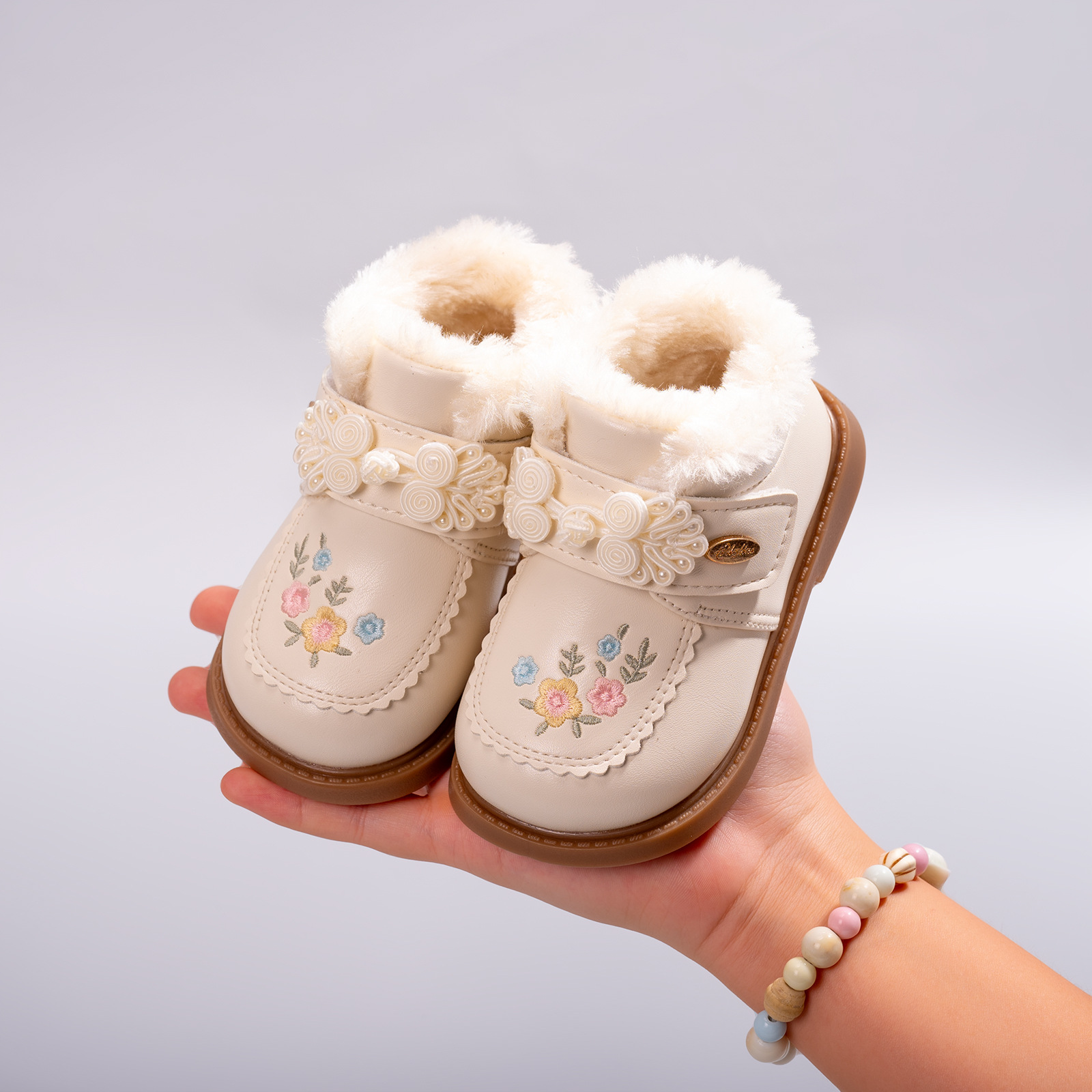 Baby Girl Boots Autumn and Winter Fleece-Lined Warm Large Cotton Shoes Princess Flower Boots Children's Short Boots Girls Leather Boots