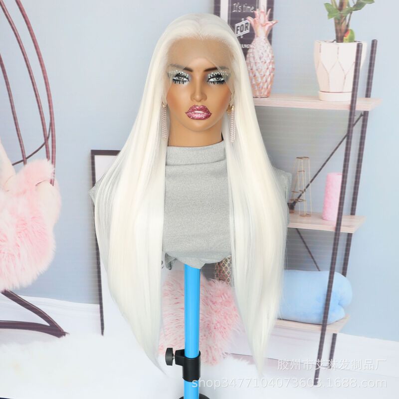 13*4 Front Lace 1001 White Synthetic Fiber Wig Transparent Lace Long Straight Wig Factory Direct Sale