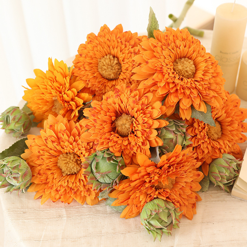 Teddy Sunflower Artificial Flowers for Living Room Entrance Decoration, Fake Flower Ornaments, Vintage Hand-Held Bouquet, Live Stream Direct Sales