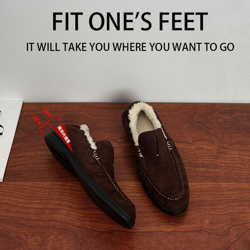 加绒内真高秋冬款女鞋小众保暖平底乐福鞋毛毛鞋豆豆鞋棉鞋单鞋女