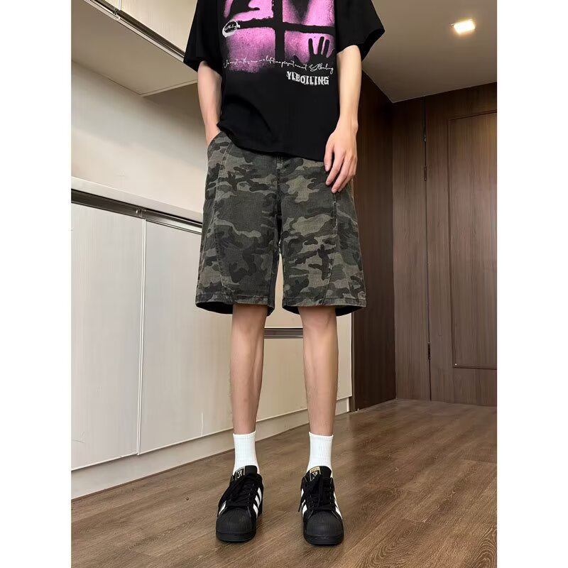 迷彩工装短裤短裤男士夏季美式痞帅中青年宽松潮男复古高街直筒裤