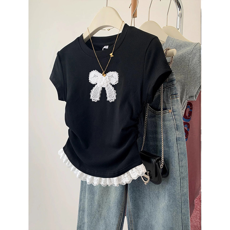 [260g random craft spray gold] fake two-piece shoulder pure wind short sleeve T-shirt lace neck top women