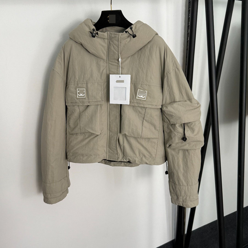 2025 New Vintage Chanel-Style Rubber Logo Workwear Pocket Long-Sleeve Hooded Cotton Jacket