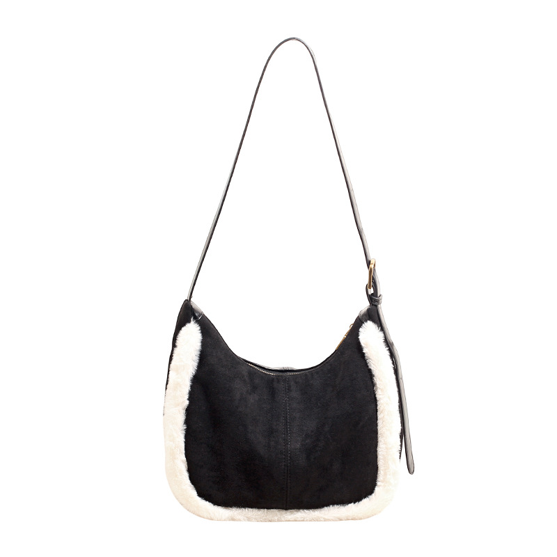 2025 otoño y invierno nuevo estilo retro de cuero de seda bolso de peludo de mujer bolso de cubo de peludo bolso de hombro de color de colisión bolso de mochila versátil