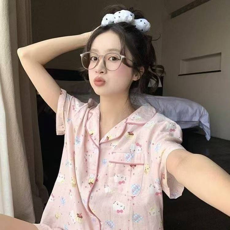 Cloud Cotton Pajamas for Women, Summer Short-Sleeved Shorts, Cute Cartoon Student Loose Cardigan, Home Clothes, Can Be Worn Outside the Home, Set Cloud Cotton Pajamas for Women, Summer Short-Sleeved Shorts, Cute Cartoon Student Loose Cardigan, Home Clothes, Can Be Worn Outside the Home, Set
