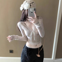早秋设计感蕾丝拼接v领蝴蝶结薄款防晒长袖T恤辣妹修身显瘦上衣女
