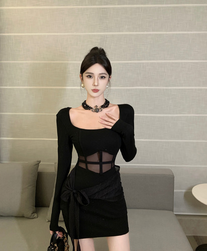 Spring clothes pure desire spicy girl sense black dress female collar slimming see-through mesh netting belly cover sexy skirt 