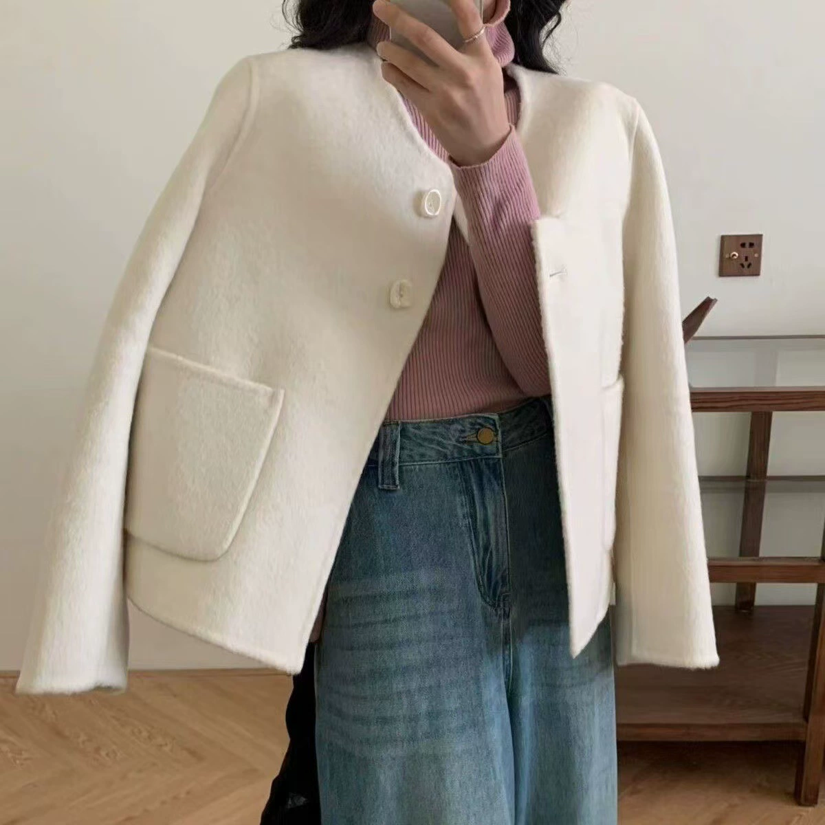 Демисезонное короткое шерстяное пальто для подростков в цвете Off-White или Black, размеры S–2XL, уютный шик