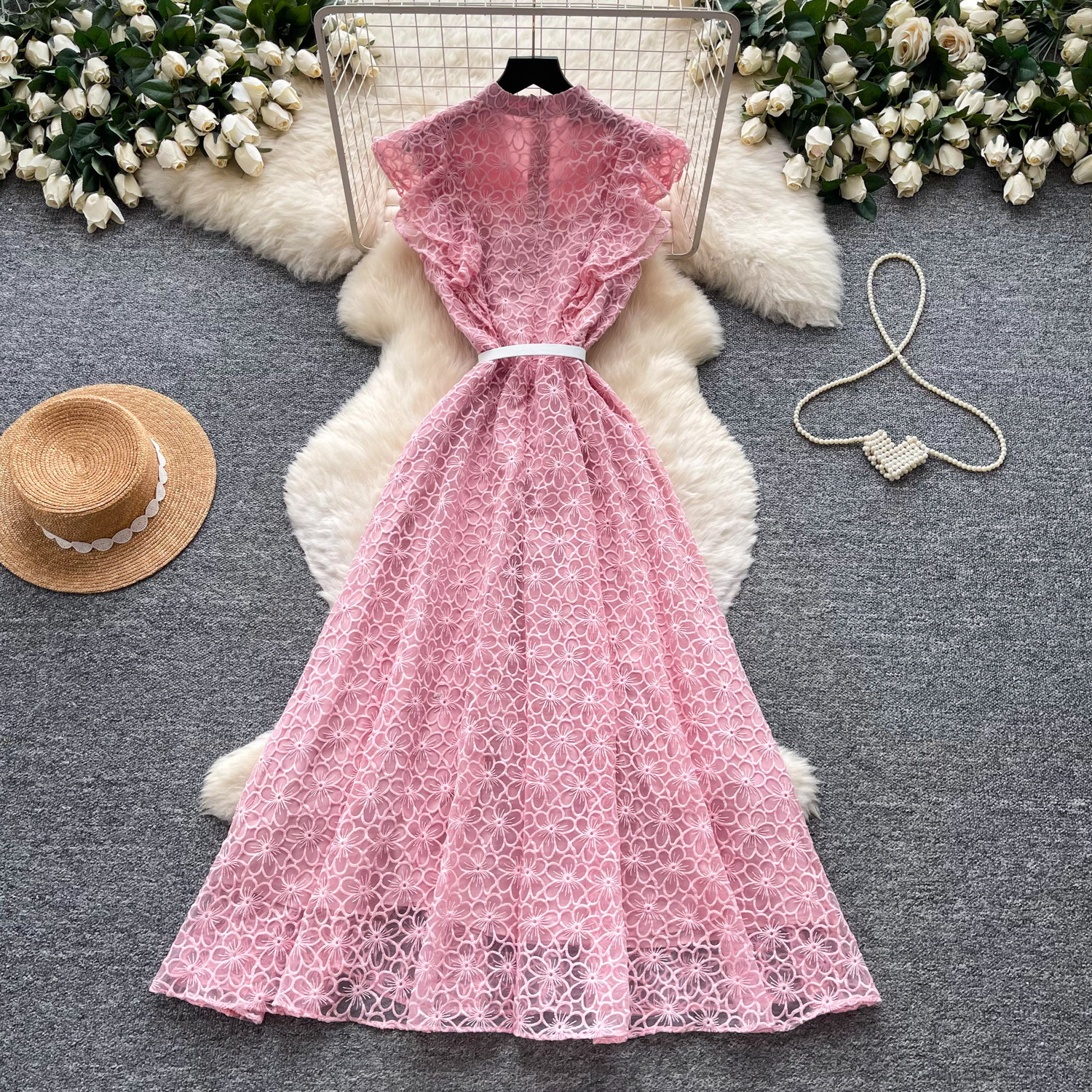 Elegant Lace A-Line Sundress For Women, High Waist Sleeveless Summer Maxi Dress_ecoleips.com