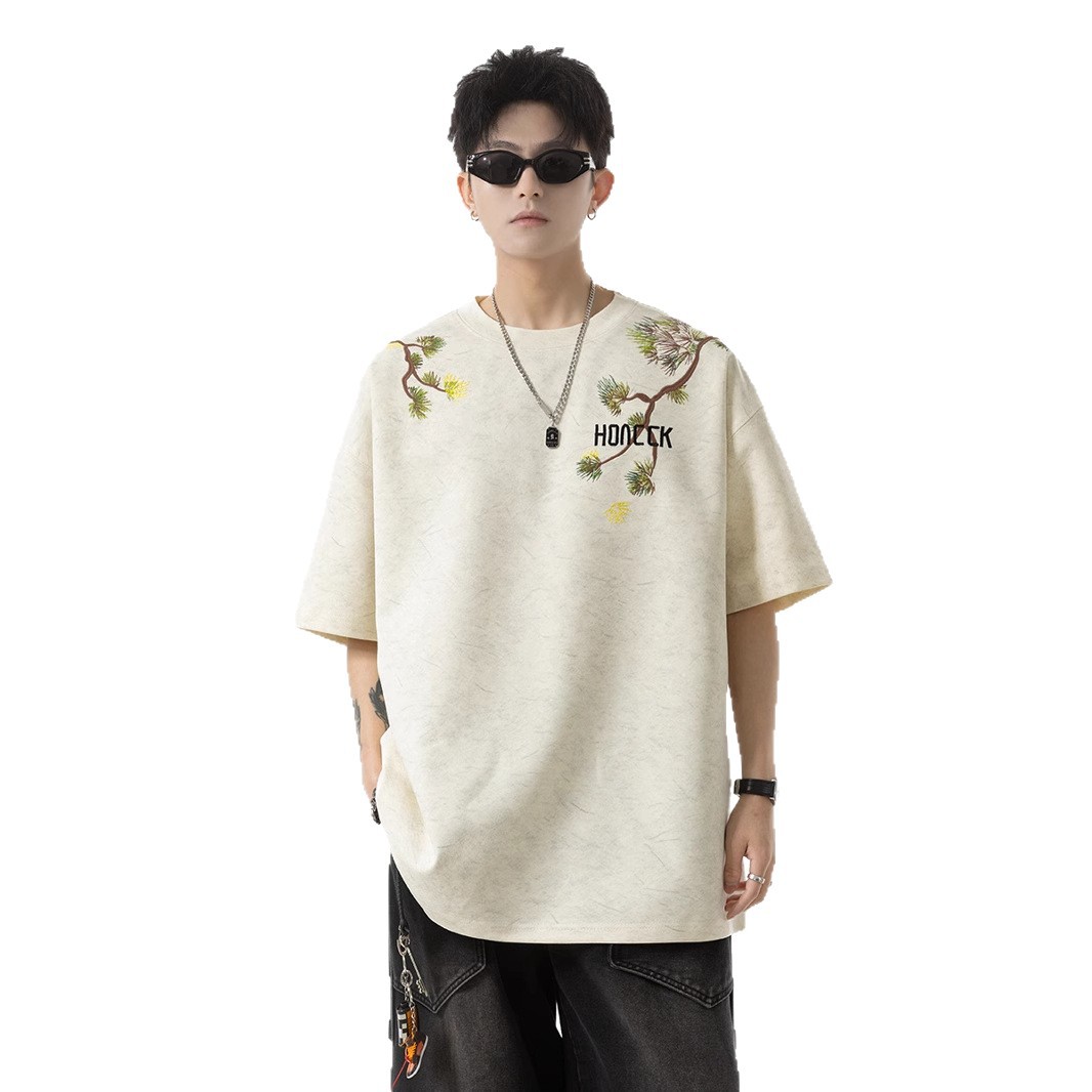 2025 New Chinese Style National Style Embroidered T-Shirt Short Sleeve Men's 2025 New Summer Wear Handsome Heavyweight Half Sleeve Clothes
