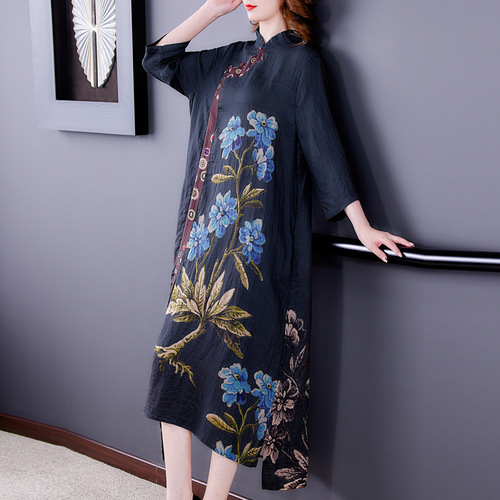 Improved black floral qipao dress Chineses Dresses Retro Qipao For women girls  printing temperament elegant loose irregular wind hanfu tang suit