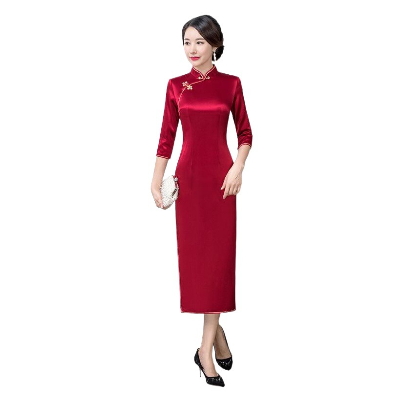 Factory Direct Autumn New acetate cheongsam improved Slim retro three-quarter sleeve long cheongsam dress