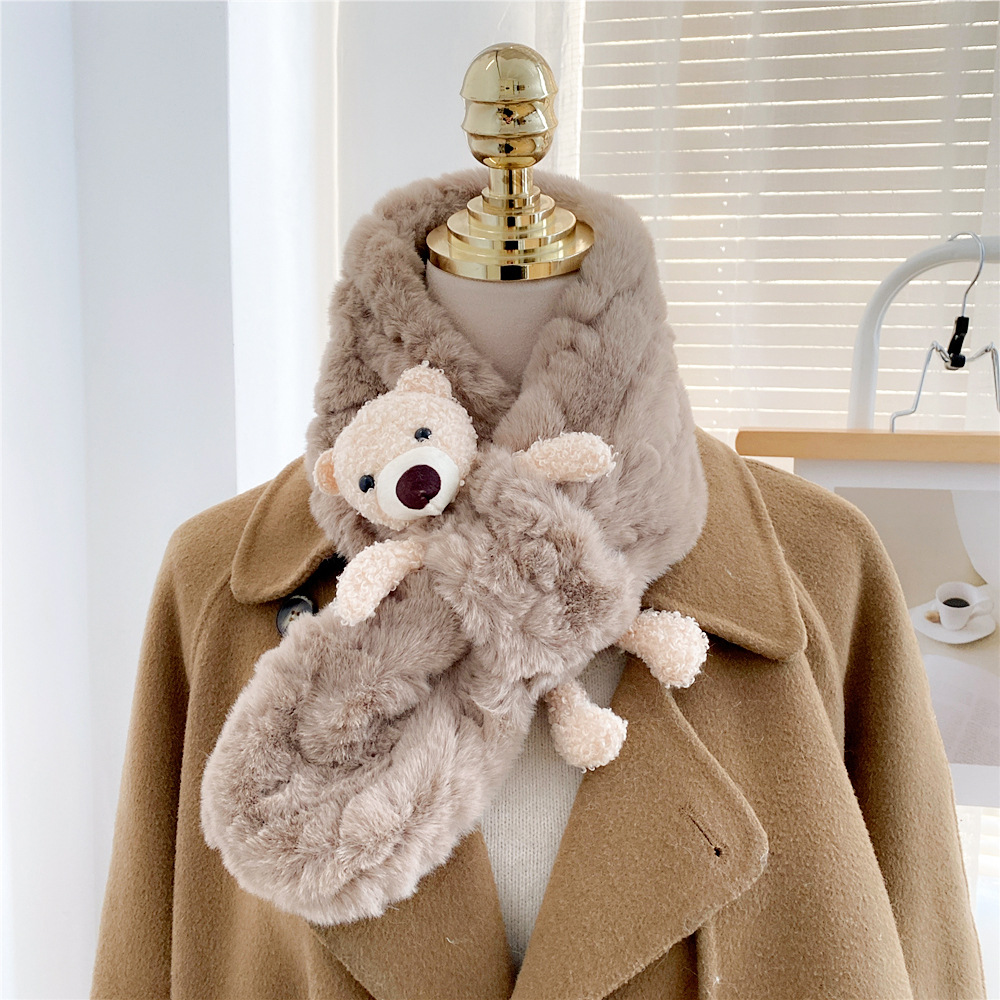 Bear Plush Bib Winter Korean Version Thickened Warmth Imitation Rabbit Fur Scarf display picture 4