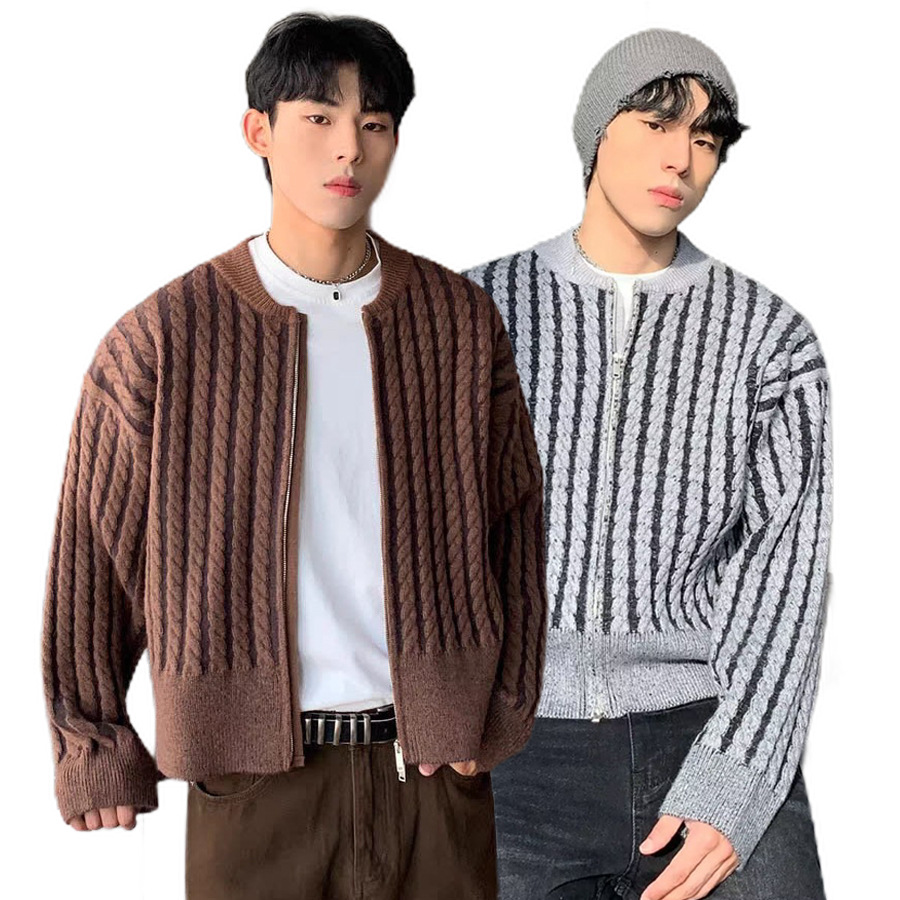 Explosiones transfronterizas de tamaño europeo suéter de jersey de gran tamaño hombre cardigan chaqueta corta de fábrica de rayas de torsión al por mayor