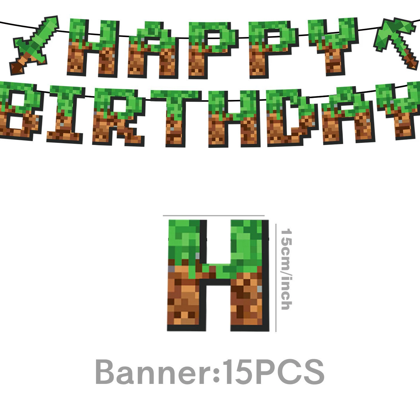 Party decorations set, Minecraft style, plates cups utensils balloons banner, packs 10–20 pcs