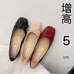 Inner Height Women's Shoes Bow Square Head Flat Ballet Shoes Women's Outer Wear Sweet All-match Generous Shallow Mouth Single-layer Shoes