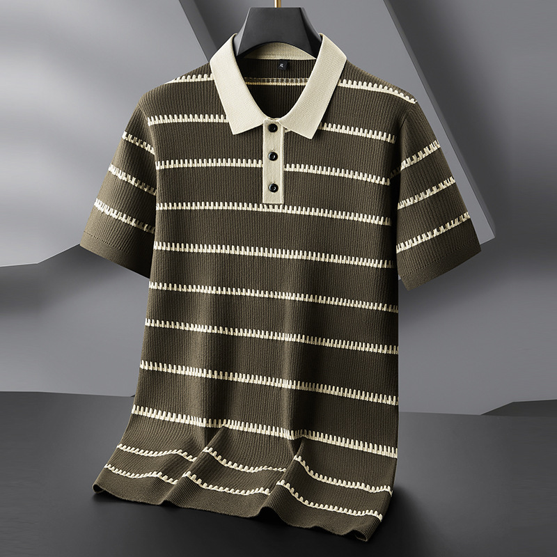 2025 Autumn Fashion Striped Short Sleeve Polo Shirt Men's Large Size Knitted Top Fashion Handsome Lapel Half Sleeve Sweater