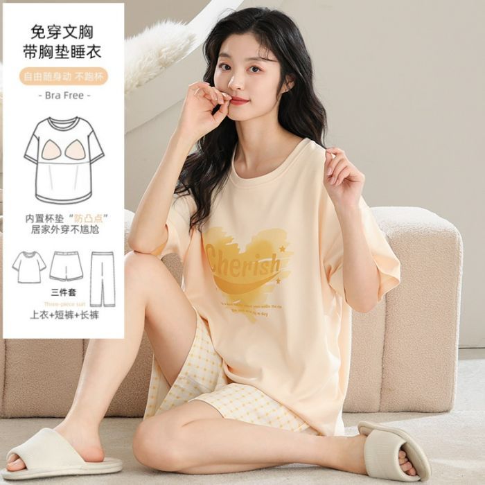 Pantalones de manga corta para mujer de verano, pantalones cortos, pijamas de cuello redondo de tres piezas, algodón de imitación, almohadillas para el pecho, estilo casual cómodo, suave y simple