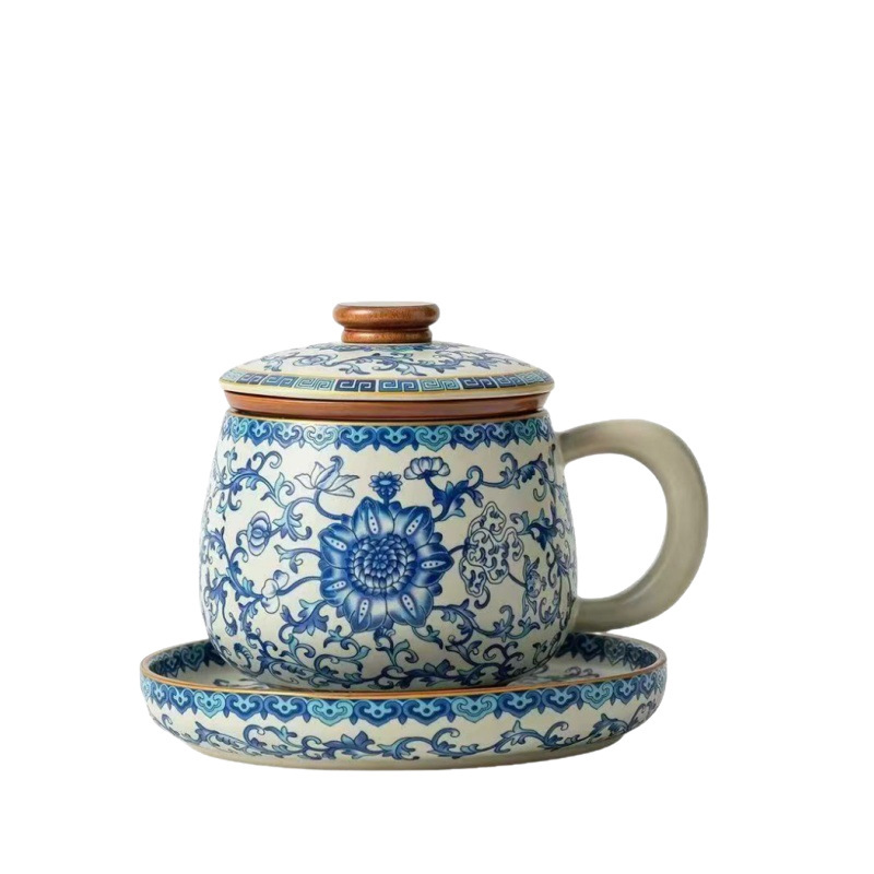 缠枝莲米黄汝窑茶杯过滤办公杯茶水分离杯个人专用高档水杯伴手礼|undefined