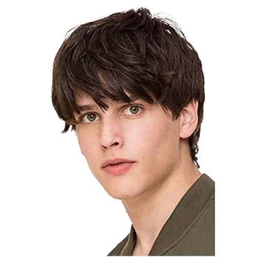 Men's wig short straight hair brown short hair fluffy black short curly hair oblique bangs full bangs hair one piece hair