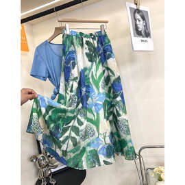 欧货仿苎麻印花半身裙女夏季A字大摆松紧腰遮肉大花中长裙子女