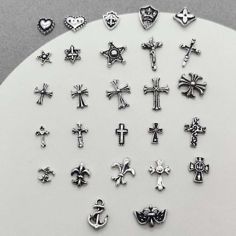 Vintage Crocore nail art jewelry punk style cross love dark silver nail decorations wholesale
