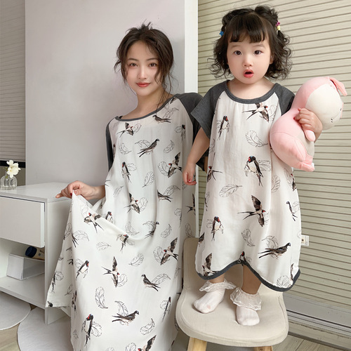 New bamboo cotton gauze short-sleeved parent-child nightgown, baby home wear, children's pajamas, girls home wear summer