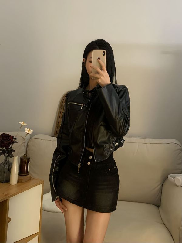 美式复古辣妹风黑色复古机车夹克上衣2025秋季新款修身皮衣外套女|undefined