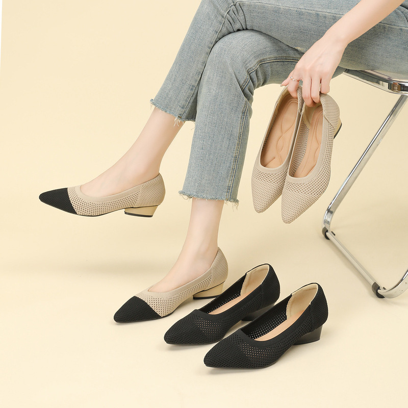 B35-6 Spring and Summer New Style British Pointed Toe Thick Heel Low Heel Soft Sole Shoes Casual Breathable Women's Fashion Knitwear B35-6 Spring and Summer New Style British Pointed Toe Thick Heel Low Heel Soft Sole Shoes Casual Breathable Women's Fashion Knitwear